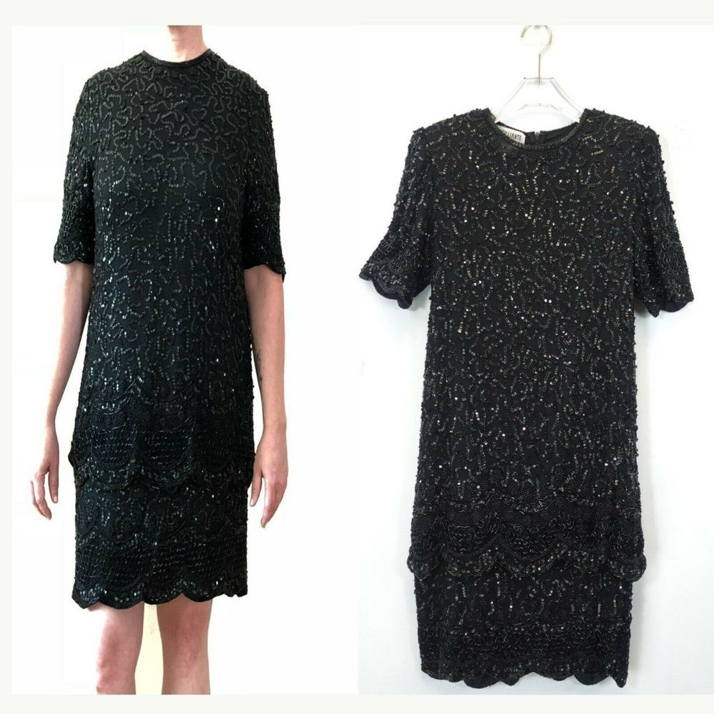 BRILLIANTE x J.A. Women's Black Mini Dress MEDIUM Sequin Beaded Silk Evening‎